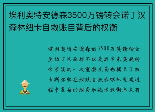 埃利奥特安德森3500万镑转会诺丁汉森林纽卡自救账目背后的权衡