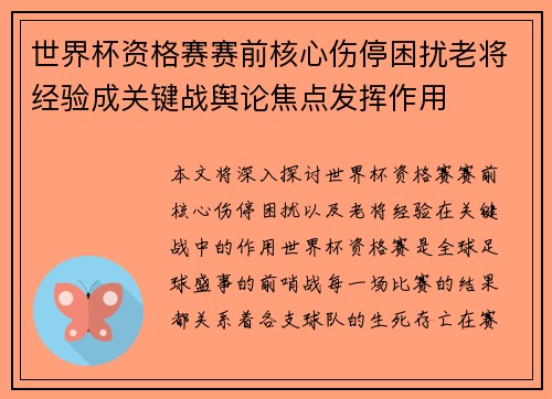 世界杯资格赛赛前核心伤停困扰老将经验成关键战舆论焦点发挥作用