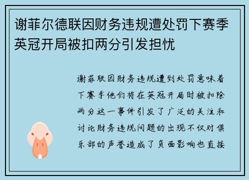 谢菲尔德联因财务违规遭处罚下赛季英冠开局被扣两分引发担忧